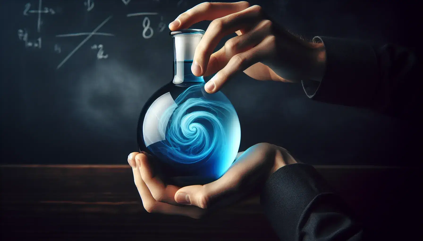 Hands holding a glass flask with a blue gradient liquid against a chalkboard background, highlighting the swirling motion and color contrast.