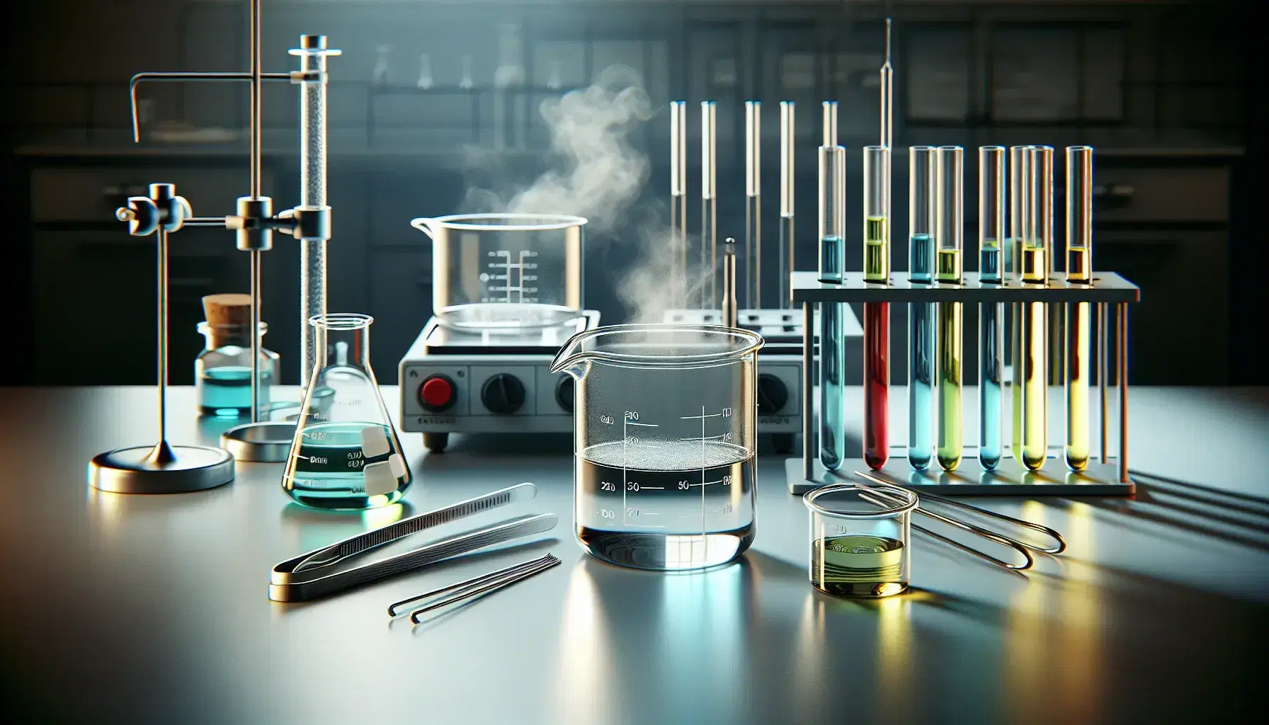 Tavolo da laboratorio con becher di vetro e liquido incolore, cilindro graduato con liquido blu, piastre riscaldanti, pinze, agitatore magnetico e termometro.
