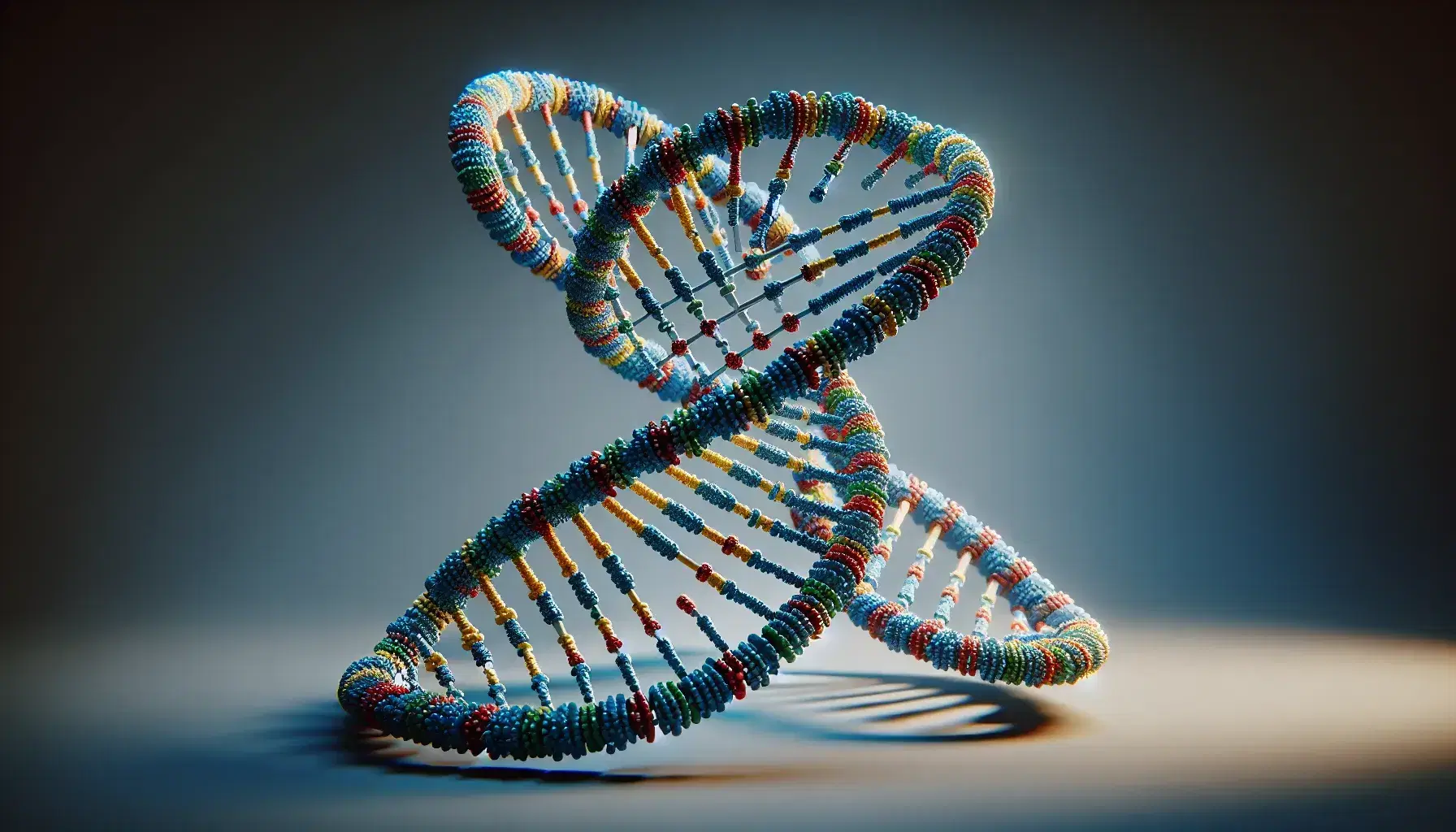 Modelo 3D detallado de la estructura de doble hélice del ADN con bases nitrogenadas en colores alternos y puentes de hidrógeno, sobre fondo neutro.