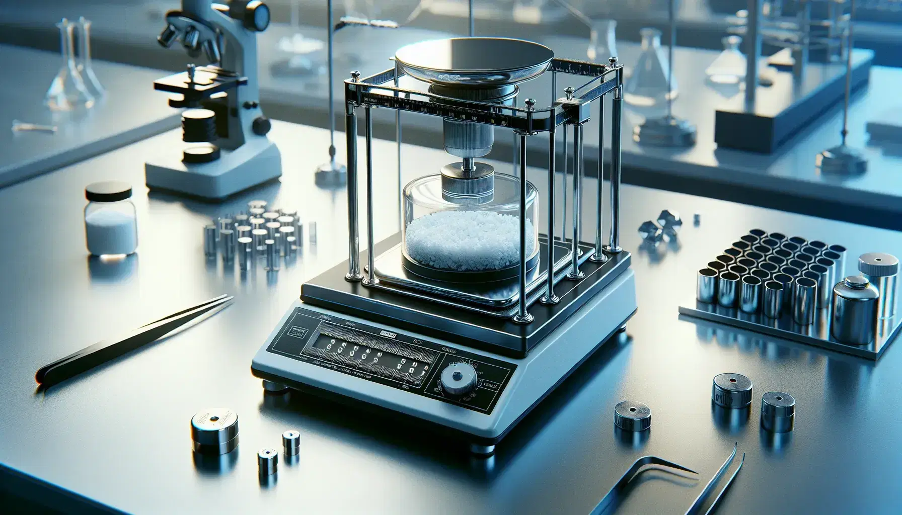 Bilancia analitica di precisione in laboratorio con contenitore trasparente e polvere bianca sulla piattaforma, pesi calibrati e pinzette accanto.