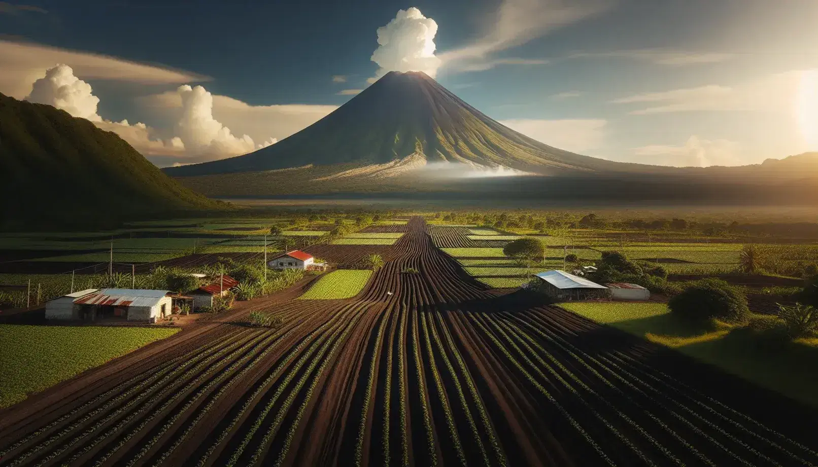 Volcán conico con cima plana emitiendo humo sobre campo cultivado con surcos y casas con techos rojos en paisaje fértil.