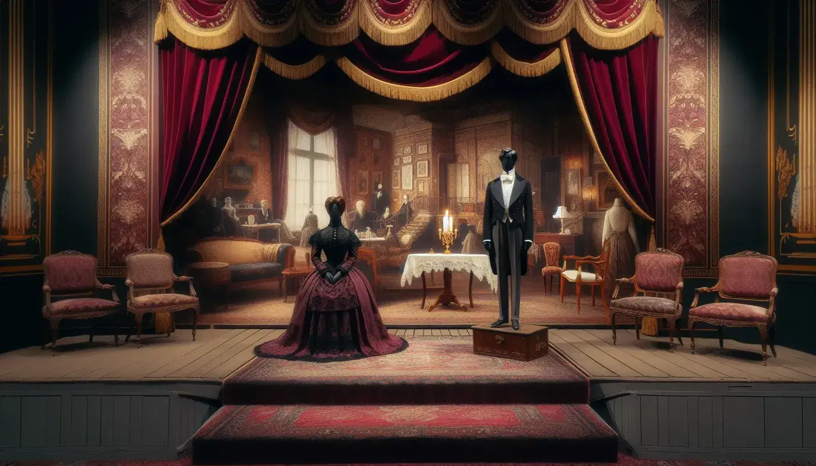 Victorian-era theater stage with red velvet curtains, a 19th-century Norwegian drawing room set, and two mannequins in period costumes.