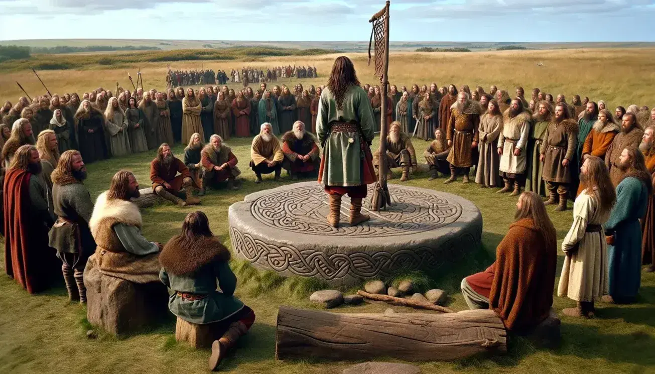 Viking assembly gathers in a grassy field around a speaker on a stone platform, with wooden tents and distant mountains under a clear blue sky.