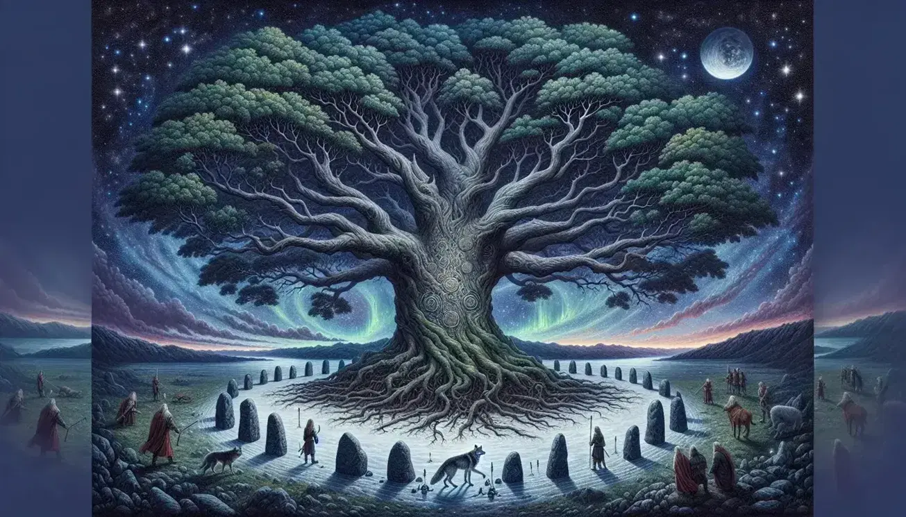 Ancient tree with sprawling branches under a starry sky, flanked by Norse figures, a gray wolf, and a green serpent, with stones in a semi-circle.