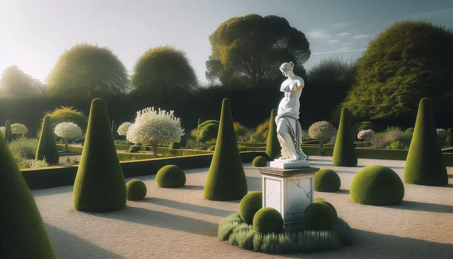Escultura de mármol blanco al estilo de la Venus de Milo en jardín simétrico con arbustos verdes podados y árboles floridos bajo cielo azul despejado.