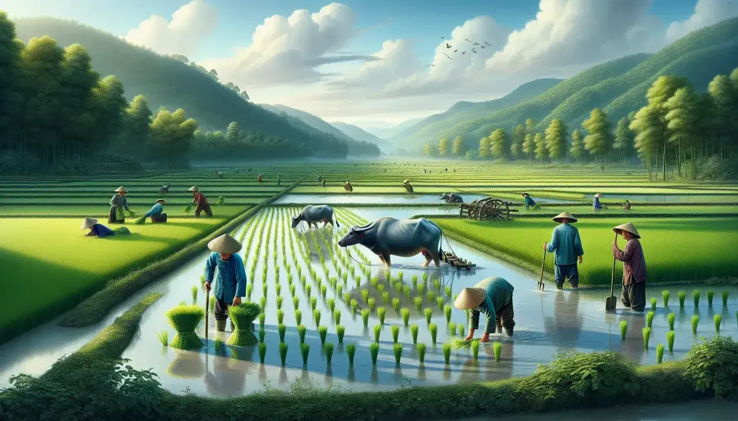 Rural Chinese landscape with farmers in traditional attire planting rice, a water buffalo near a wooden plough, and rolling green hills under a gradient blue sky.