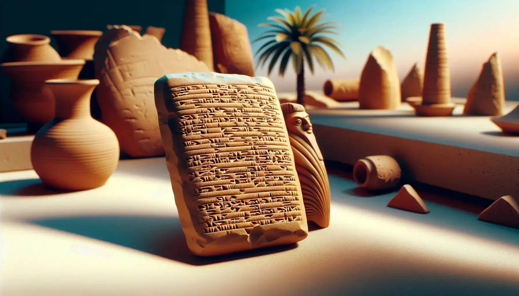 Clay tablet with cuneiform incisions on a background of terracotta fragments and bronze statuette of a Mesopotamian deity, under a palm tree.