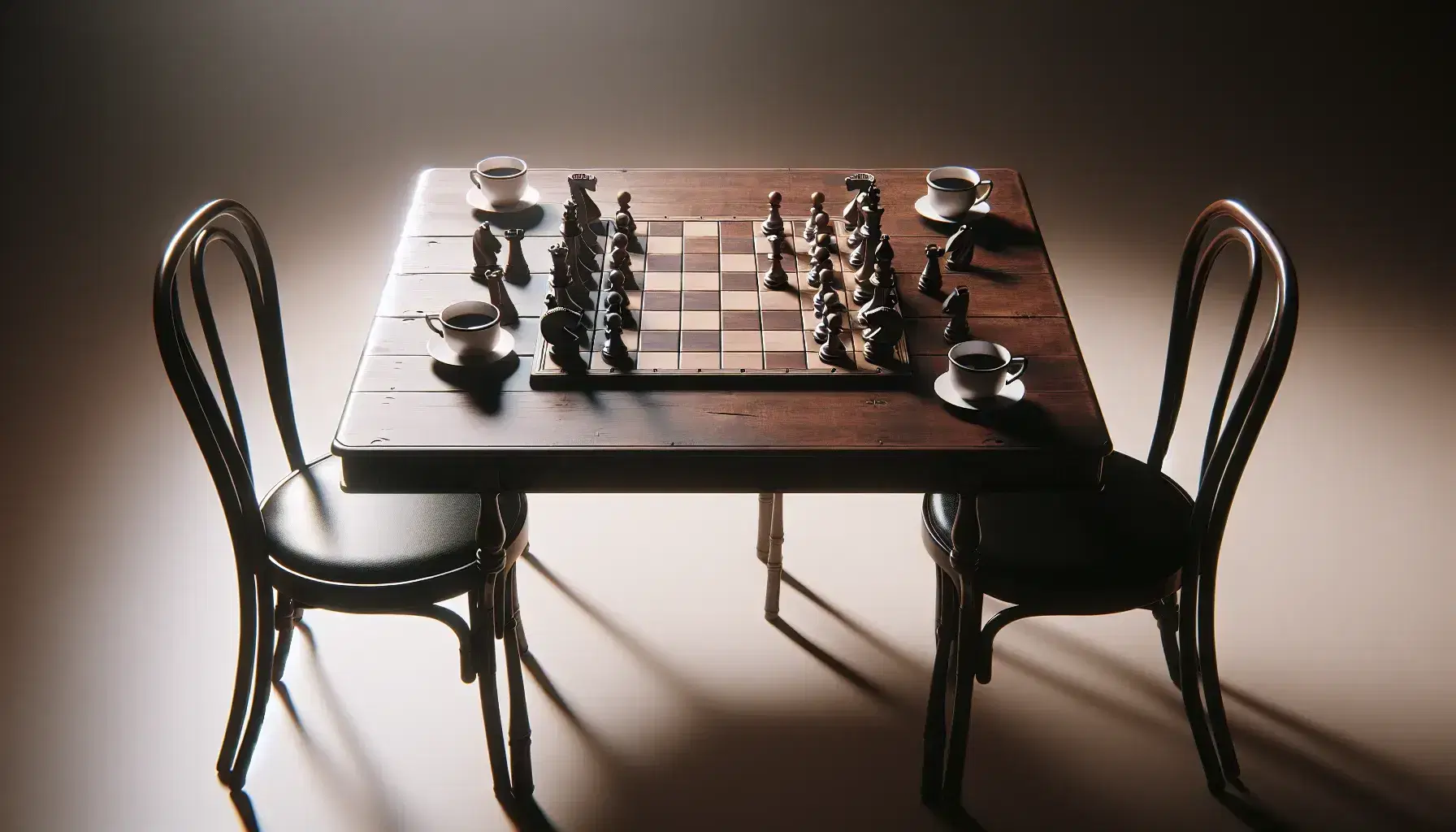 Mesa de madera oscura con juego de ajedrez listo para comenzar, sillas con asiento de cuero negro y dos tazas de cerámica blancas.