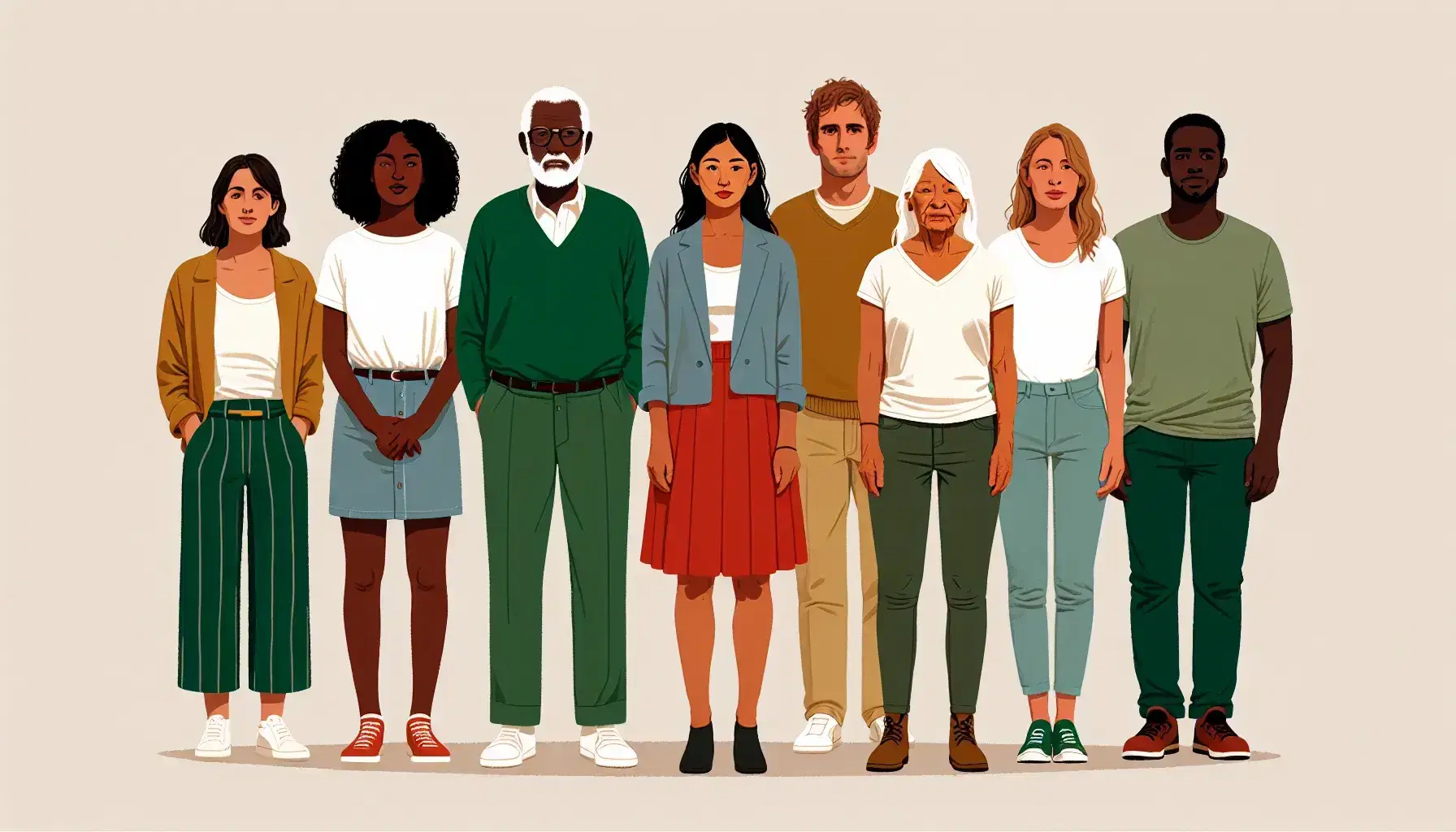 Diverse group of six people standing in semicircle, different ethnicities and ages, casual clothing, blurred natural background.