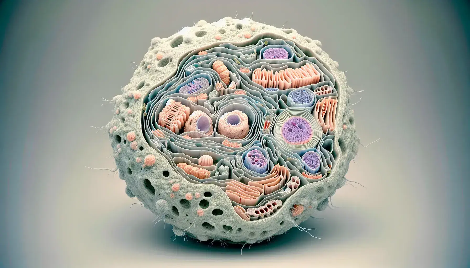 Cellula animale al microscopio con nucleo evidente, mitocondri rosa e viola, citoplasma giallo-beige e nessun testo visibile.