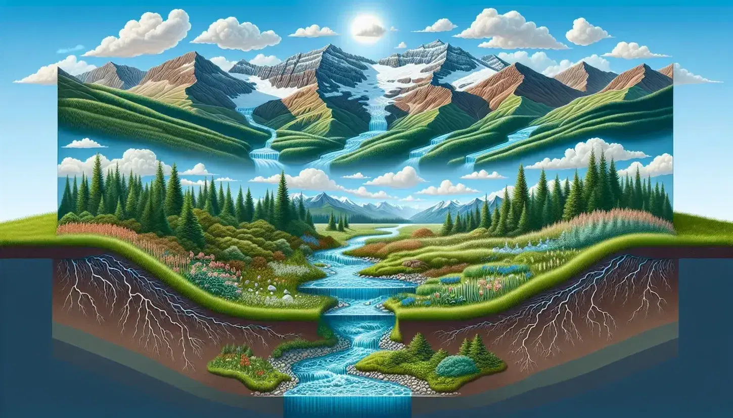 Paisaje natural con ciclo del agua, cielo azul con nubes, montañas nevadas, vegetación diversa y río serpenteante reflejando el sol.