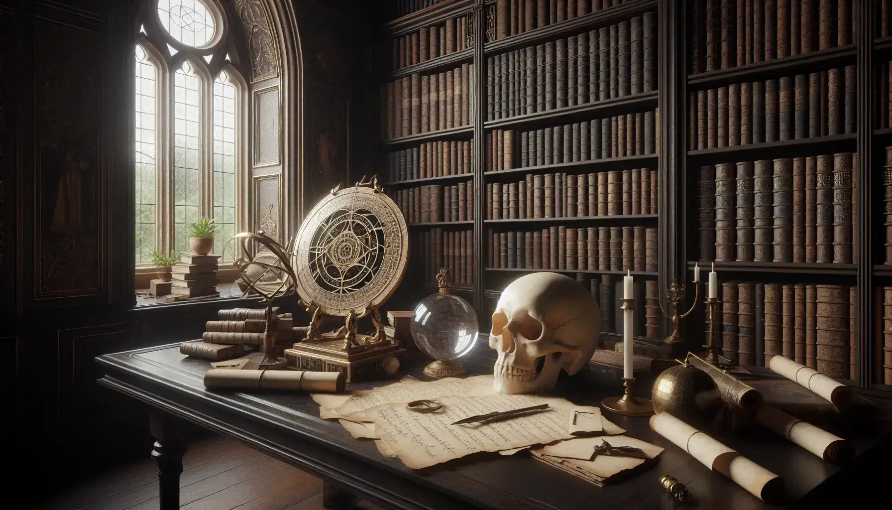 Studio antico con libreria in legno, tavolo con teschio e sfera di cristallo, astrolabe in ottone e piante, luce naturale da finestra ad arco.