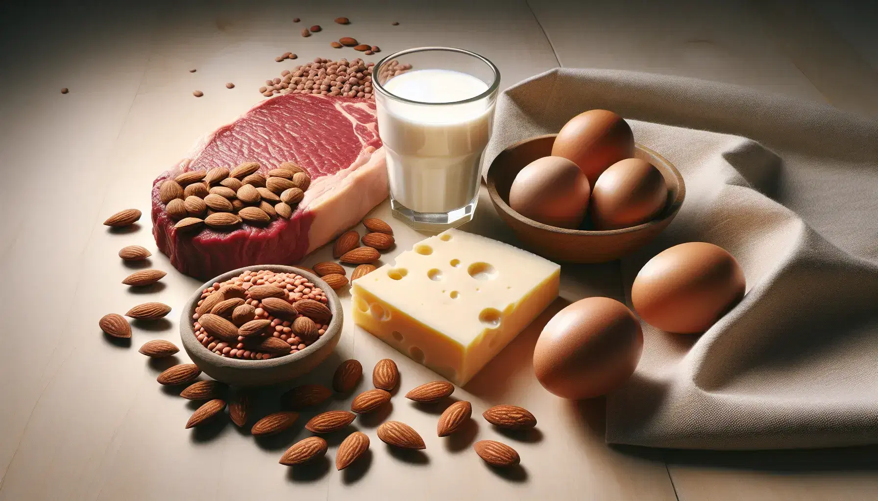 Variedad de alimentos saludables con bistec de res, almendras, huevo, vaso de leche, queso y lentejas sobre superficie de madera clara.