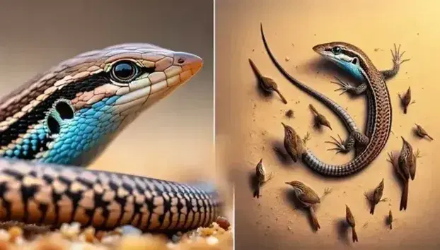 Close-up of a female whiptail lizard on sandy background with courting fairy-wren birds on blurry branch.