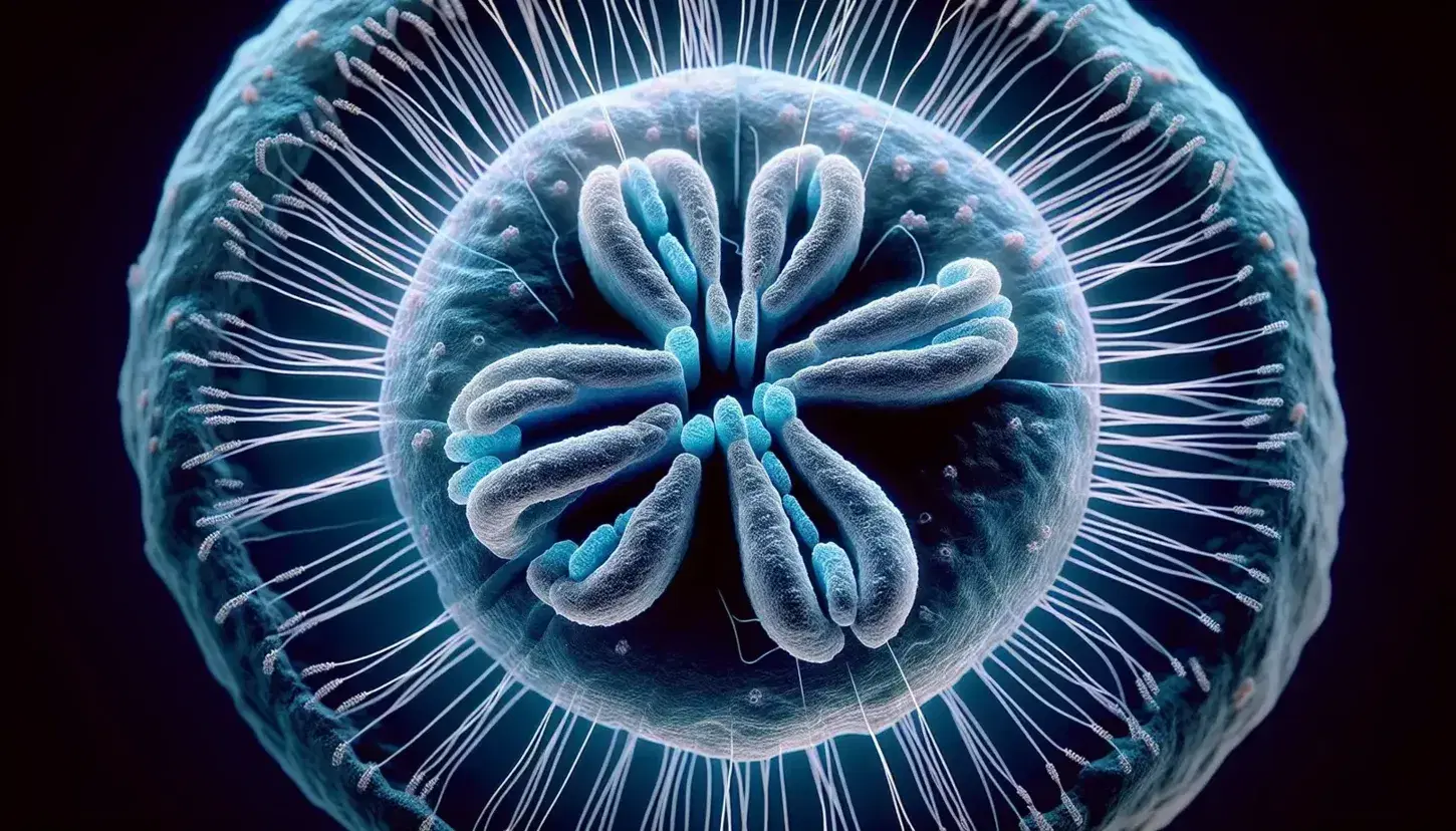 Cell undergoing mitosis with X-shaped chromosomes aligned on the equatorial plane and visible spindle fibers, in shades of blue.