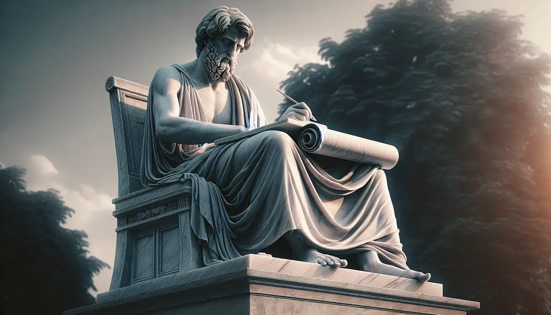 Statua in marmo di filosofo storico seduto che scrive su pergamena con stilus, su piedistallo grigio, in ambiente esterno sfocato.