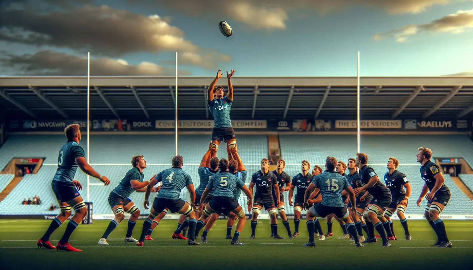 Giocatore di rugby in maglia blu scuro prepara il lancio del pallone in touche con squadre allineate pronte a ricevere, su campo verde e cielo azzurro.