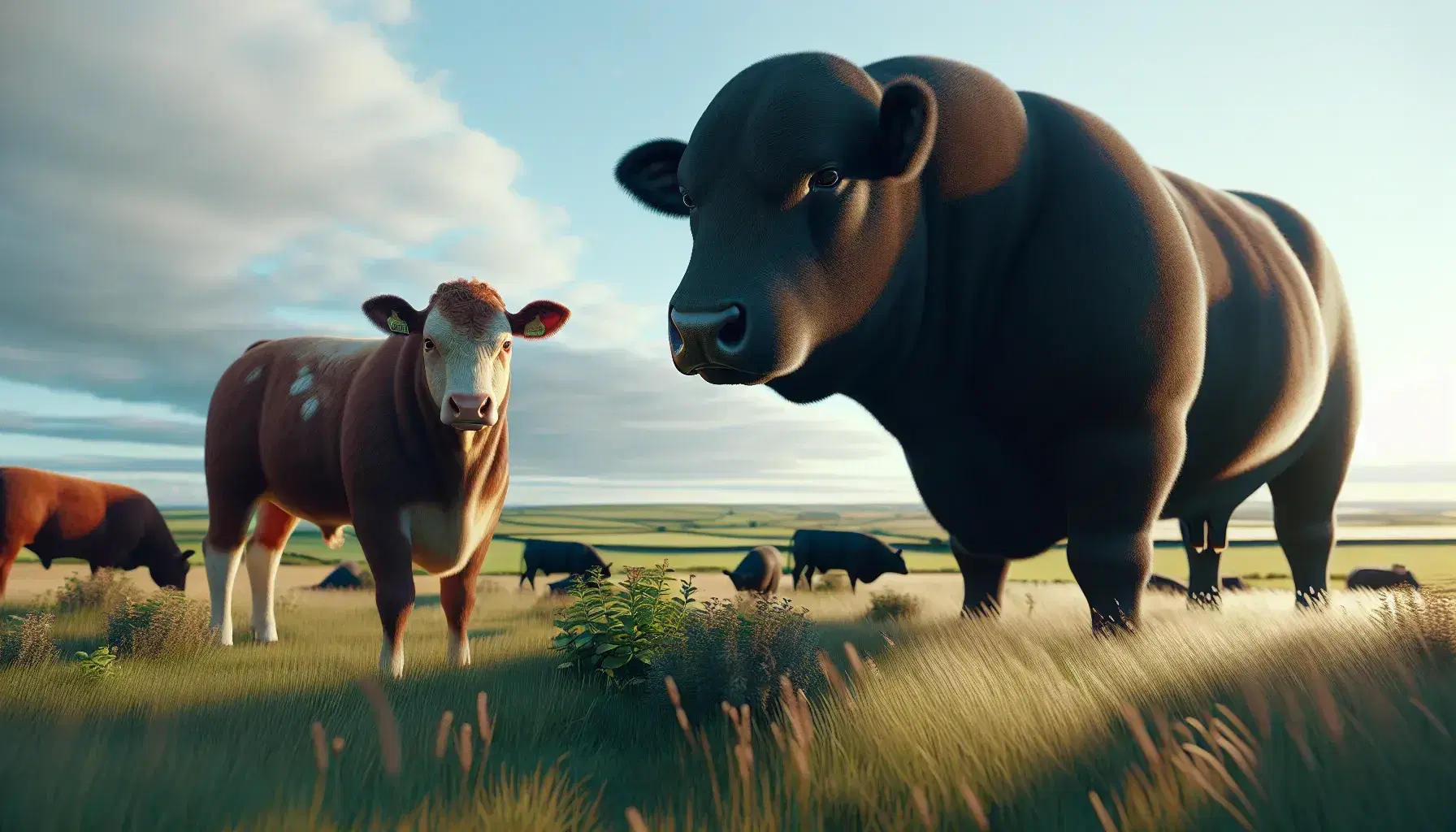 Vaca marrón con manchas blancas y toro negro interactuando en un campo verde bajo un cielo azul con nubes dispersas.