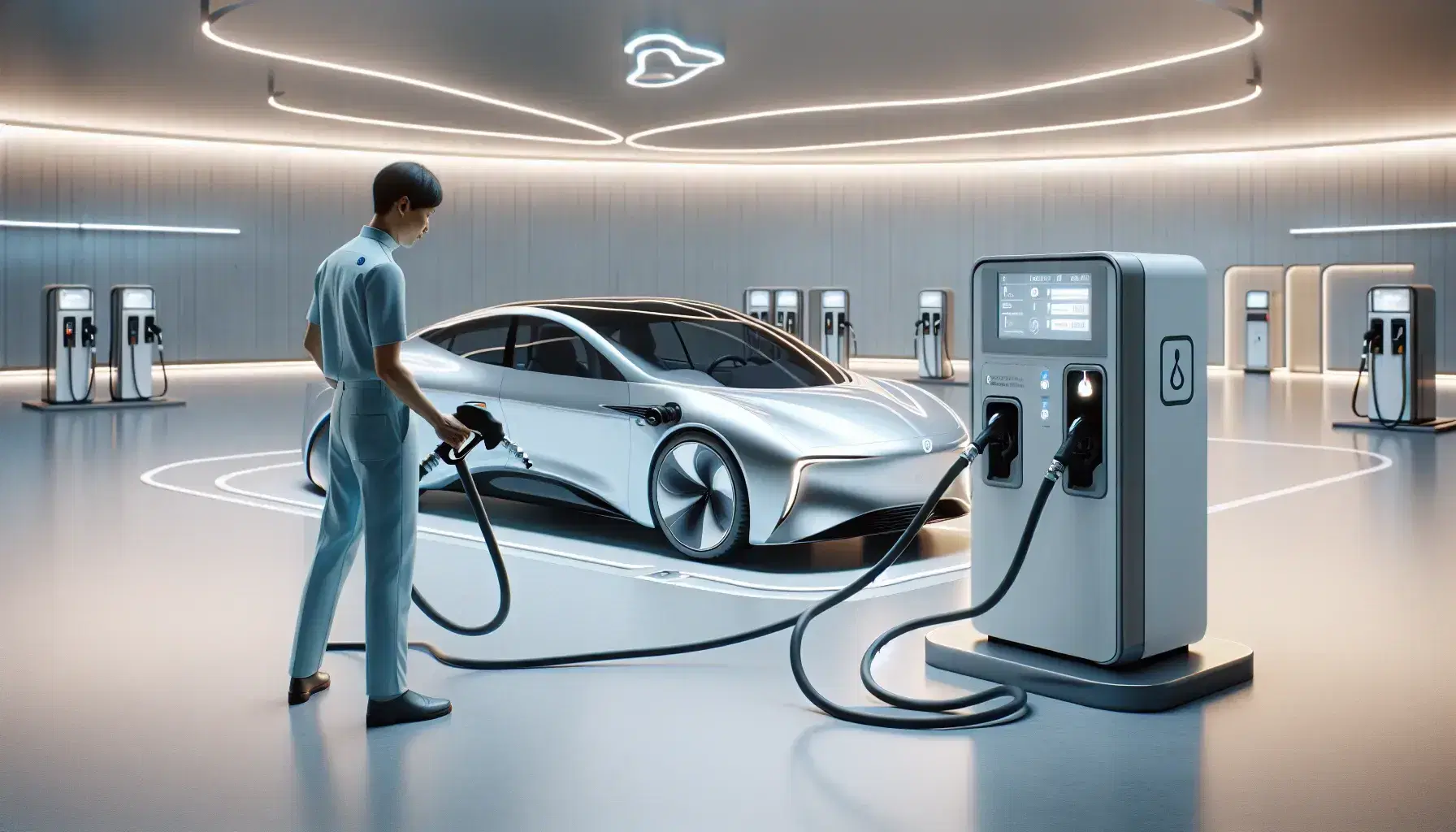 Hydrogen fuel cell car being refueled by an operator in blue uniform, in a modern gas station with natural background.