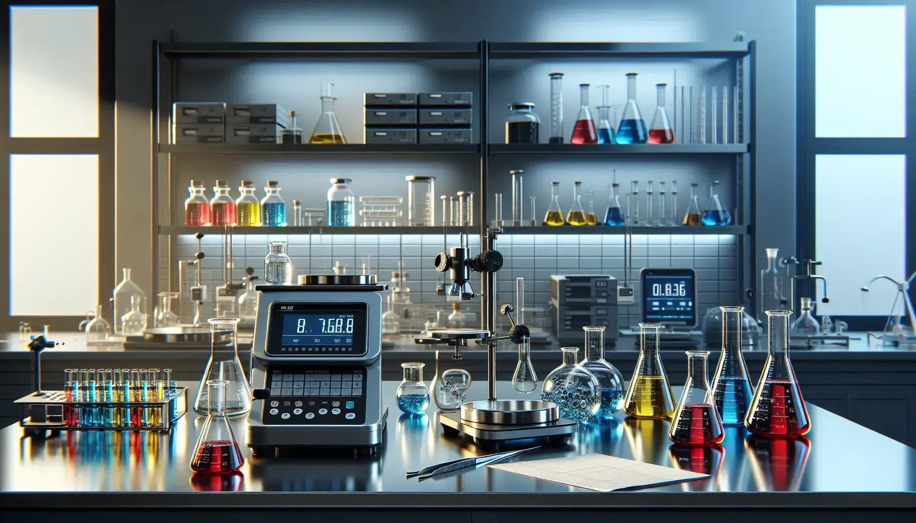 Laboratorio scientifico moderno con tavolo da lavoro, becher con liquidi colorati, bilancia analitica digitale, microscopio e attrezzature elettroniche.