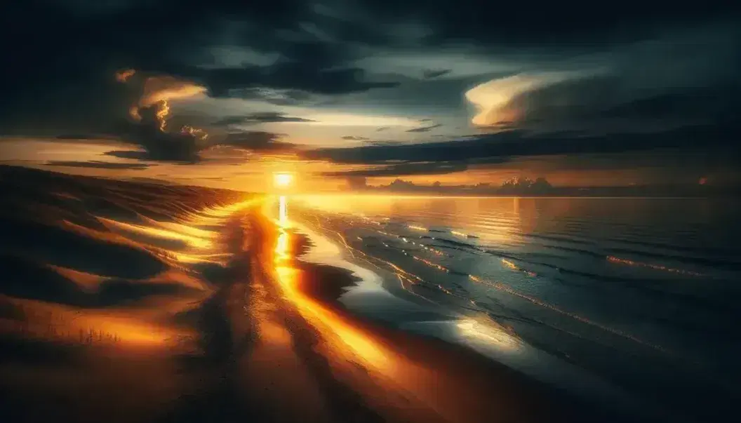 Tramonto su spiaggia desolata con sole che sfiora l'orizzonte, riflessi dorati sul mare, impronte sulla sabbia e luna gibbosa in cielo.