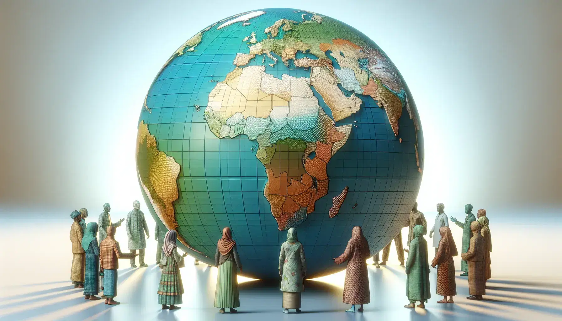 Globo terráqueo tridimensional rodeado por figuras humanas de diversas culturas en un fondo degradado azul a blanco.