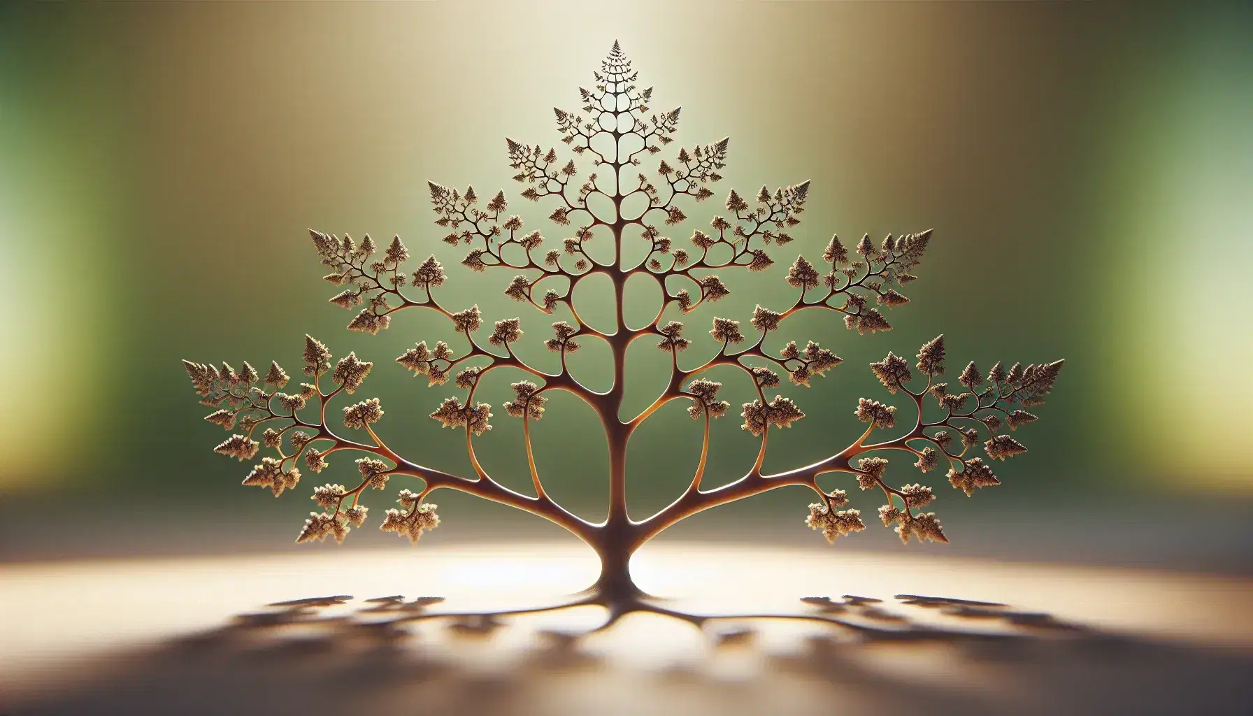 Deciduous tree branches in the foreground with fractal structure, light to dark brown colors and green blurred background.