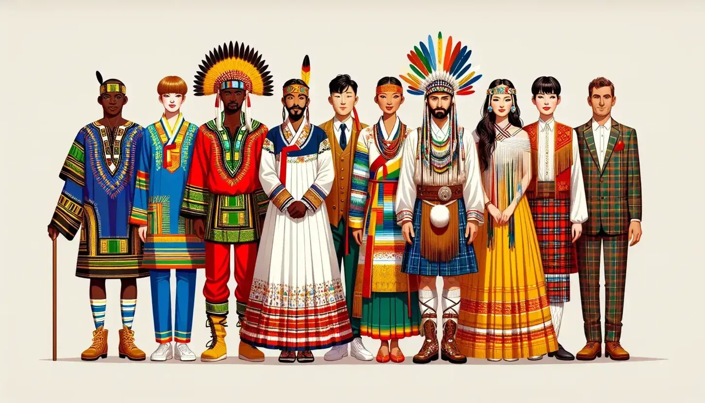 Group of people in traditional global attire with instruments, including African dashiki with djembe, South Asian sari with sitar, Korean hanbok with gayageum, Native American regalia with flute, Scottish kilt with bagpipes, and Spanish flamenco dress with castanets.