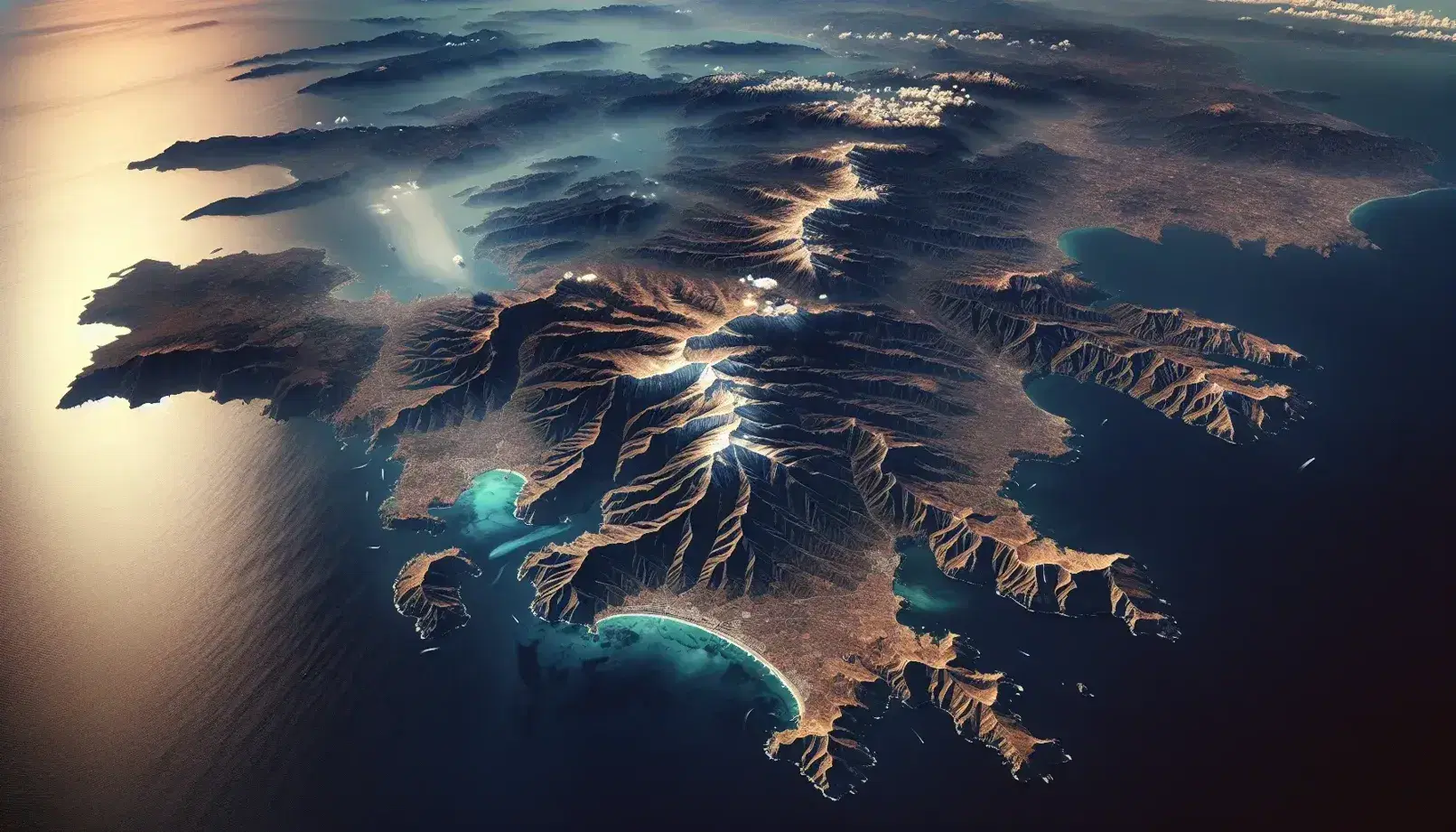 Vista aerea della Penisola Iberica con montagne innevate, coste frastagliate e isole Baleari e Canarie nel Mediterraneo e Atlantico.