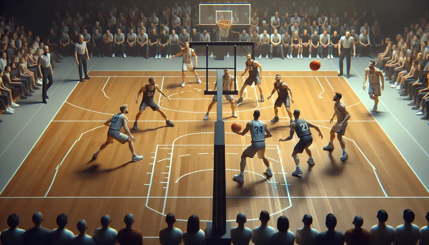 Partita di basket con giocatori in divisa chiara e scura in azione strategica sul campo, pallone in volo e canestro in primo piano.
