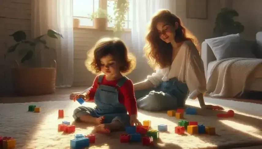 Toddler in red top and denim overalls plays with colorful blocks on cream carpet, mother in white blouse smiles encouragingly, warm sunlight fills room.