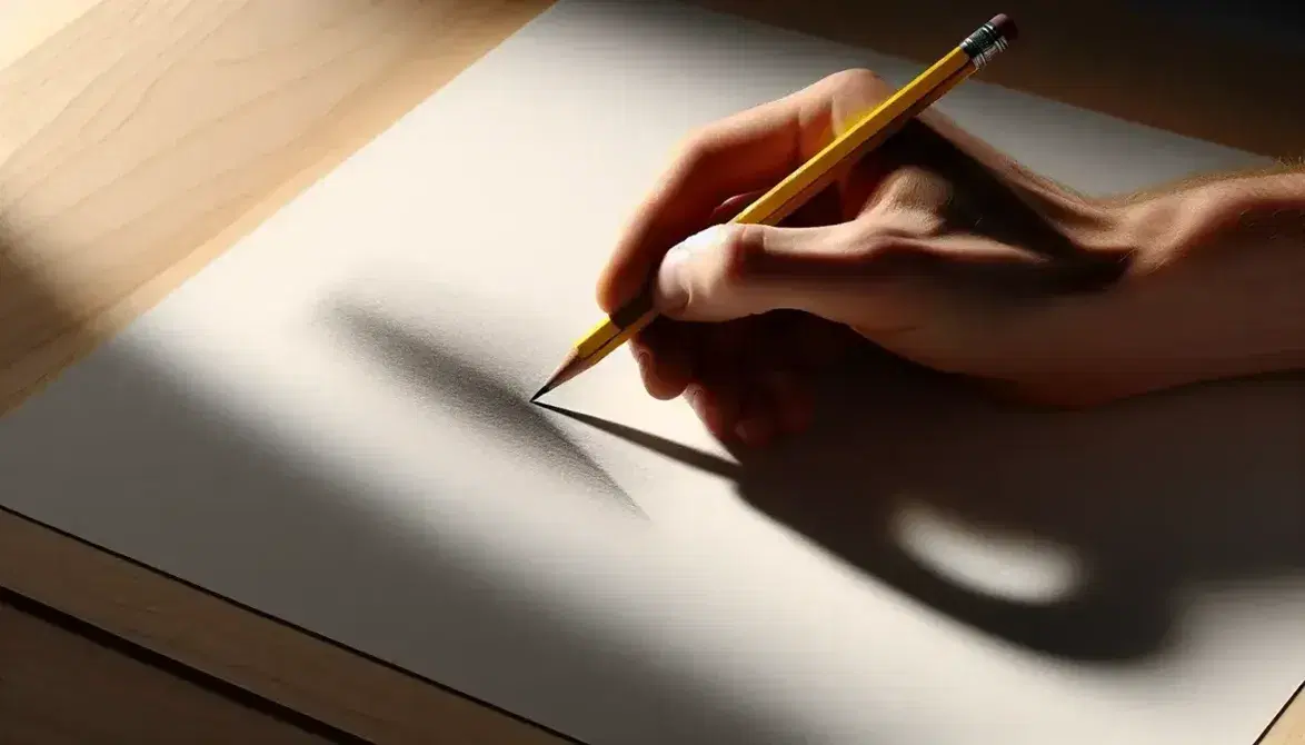 Mano sosteniendo lápiz de grafito sobre papel en blanco con inicio de dibujo de ojo, sobre superficie de madera clara, con juego de sombras suaves.
