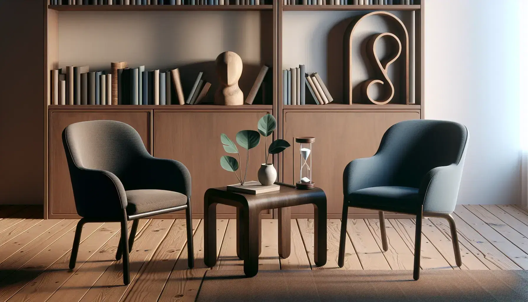 Sala de consulta psiquiátrica con dos sillas azul oscuro frente a frente, mesa de madera con planta y reloj de arena, y estantería repleta de libros.
