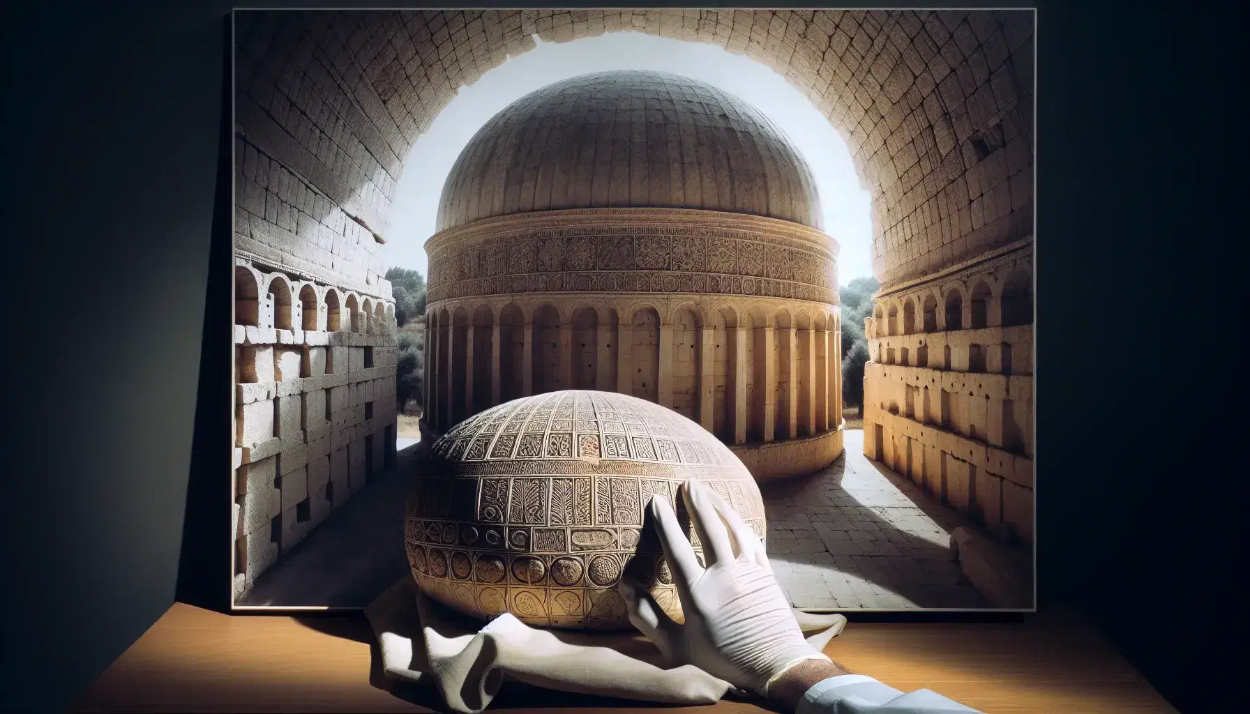 Mausoleo di Teodorico con cupola monolitica in pietra e mano inguantata che tiene frammento d'avorio intagliato con motivi vegetali e geometrici.
