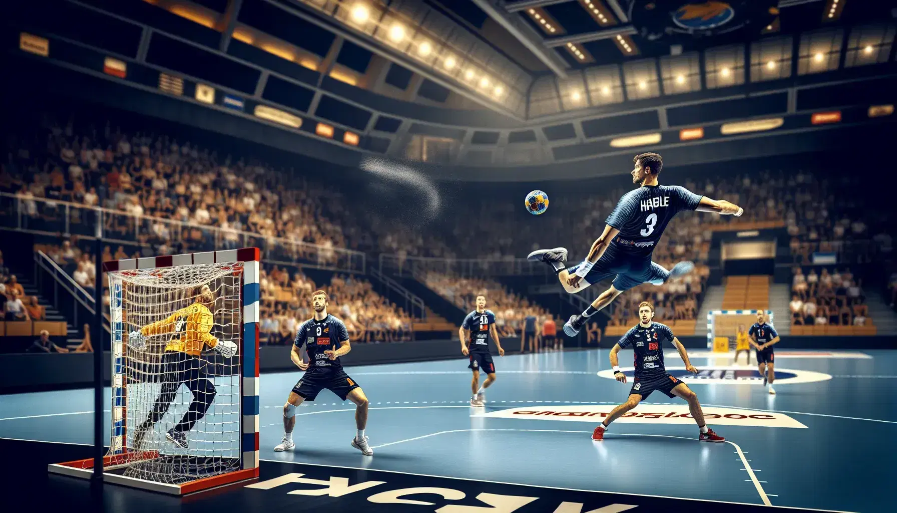 Giocatore di pallamano in divisa blu scuro effettua un tiro in volo mentre il portiere tenta la parata e difensori rossi osservano.
