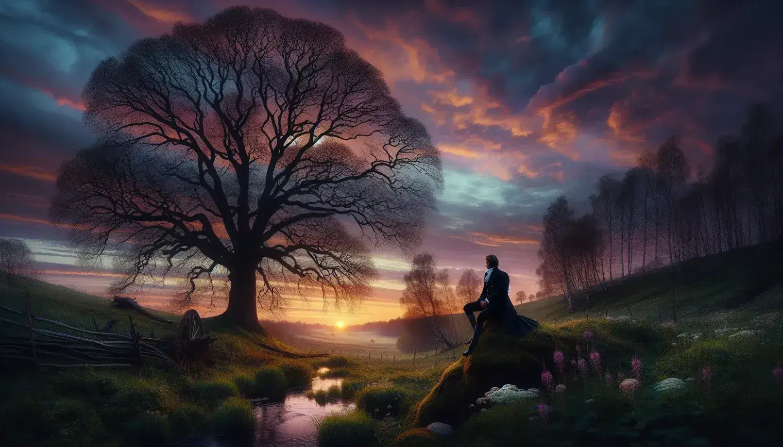 Paesaggio naturale al tramonto con albero spoglio, uomo in abiti d'epoca seduto su roccia e corso d'acqua riflettente cielo colorato.
