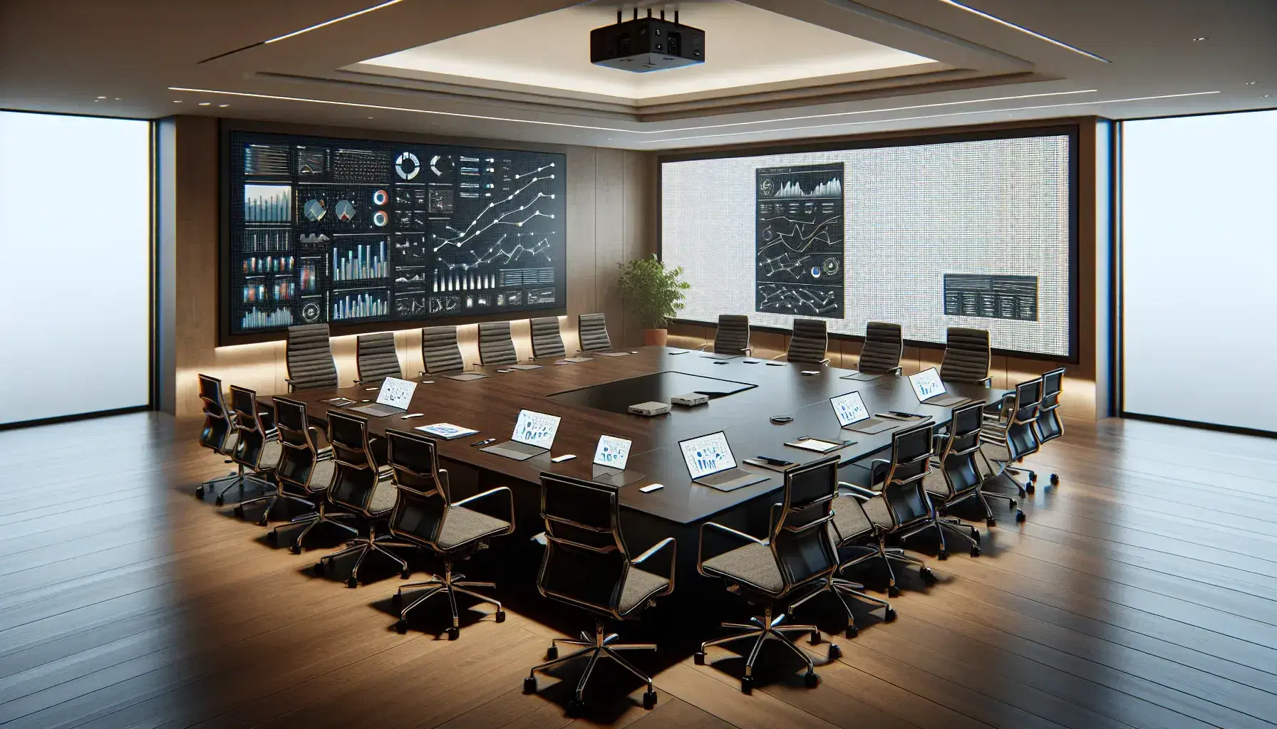 Sala de conferencias moderna con mesa de madera, sillas ergonómicas grises y laptops mostrando gráficos, junto a una pizarra con diagramas y planta verde.