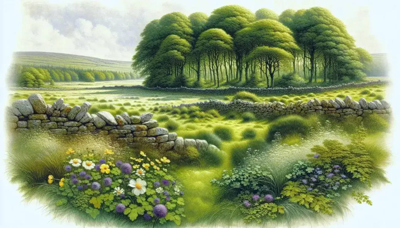 Lush Irish meadow with vibrant green grass and colorful wildflowers, traditional stone wall with ivy, dense tree grove, and a clear pastel blue sky.