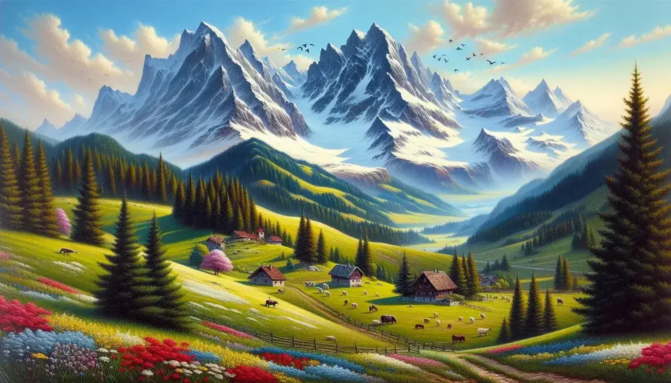 Paesaggio montano con cime innevate, foreste di conifere, prato fiorito in primo piano, case rustiche, animali da fattoria e uccelli in volo.