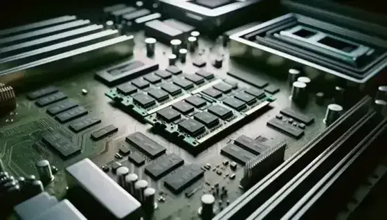 Módulos de memoria RAM en paralelo con chips negros en tarjetas verdes, CPU cuadrado metálico y disco duro 3.5 pulgadas sobre placa base con conectores.