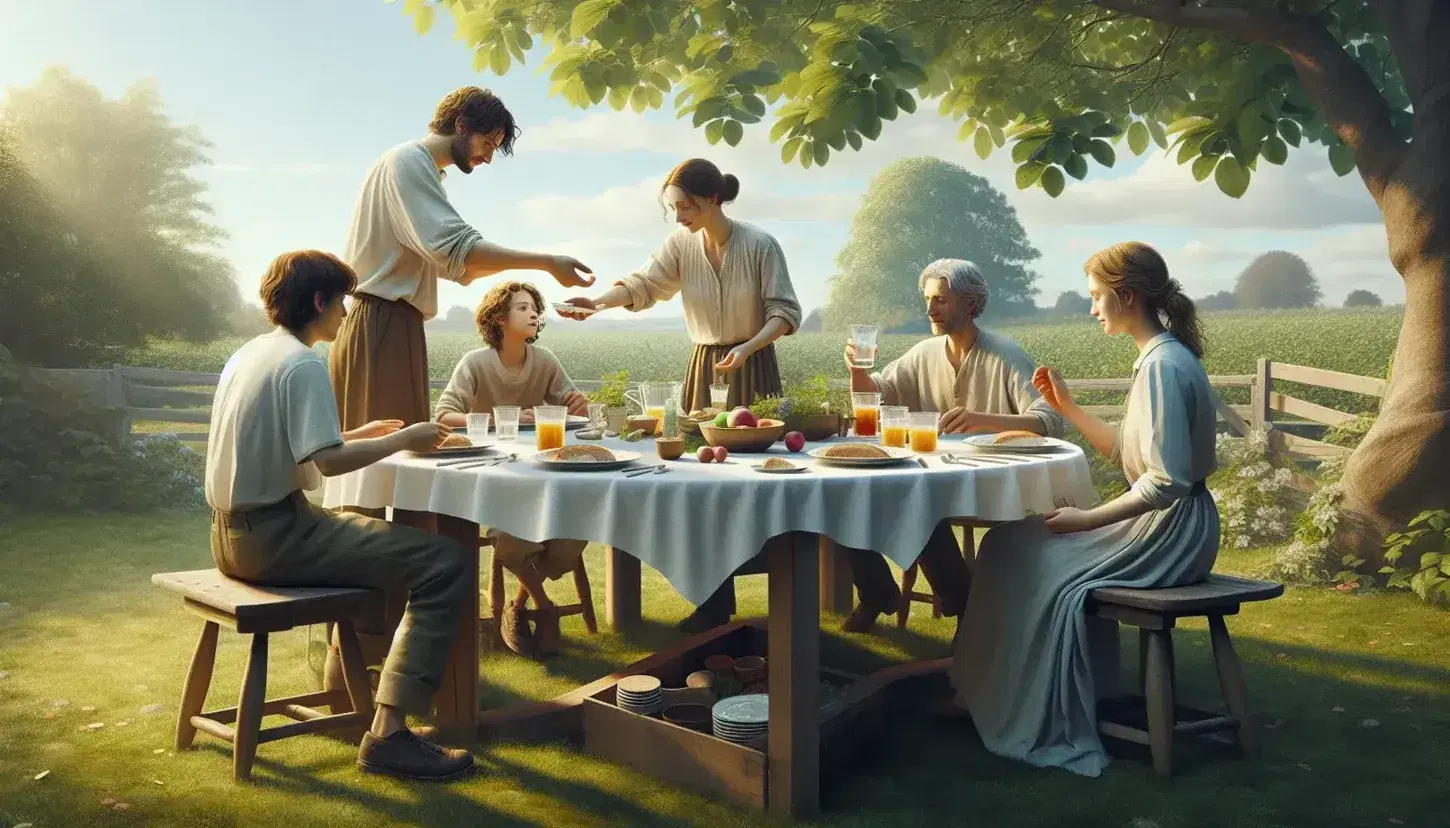 Familia disfrutando de un almuerzo al aire libre alrededor de una mesa redonda con comida y bebidas, en un día soleado con árboles y cielo azul.
