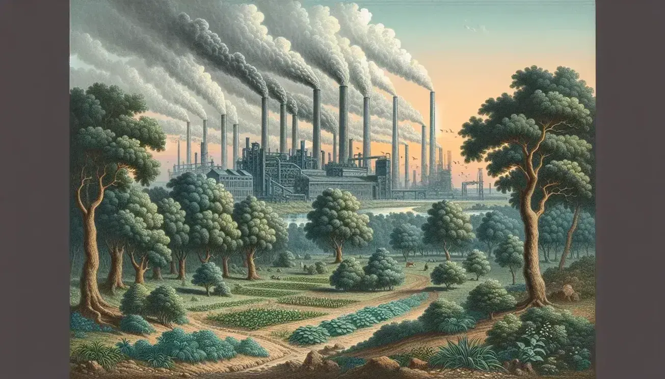 Fábrica con chimeneas humeantes al fondo y árboles con follaje dañado por la contaminación en primer plano bajo un cielo degradado por la polución.