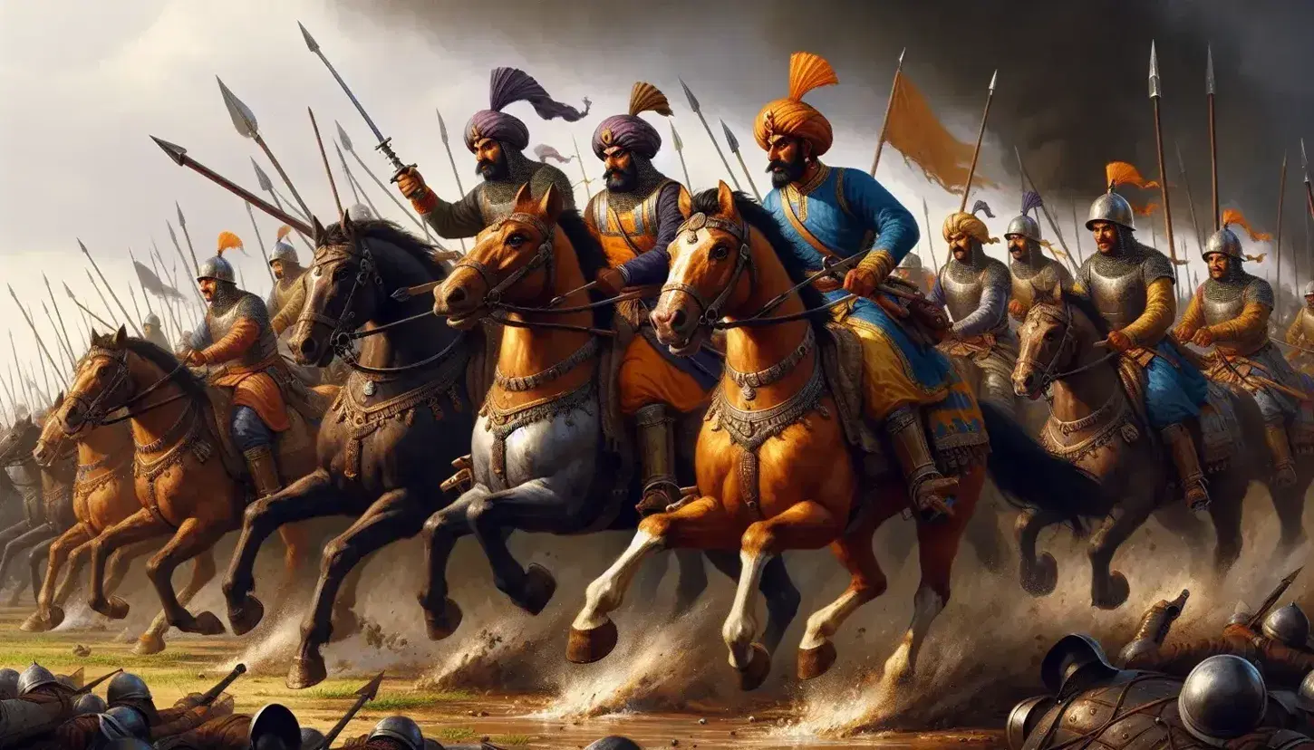 Dynamic depiction of Mughal-Maratha battle with Maratha cavalry in saffron and indigo, wielding swords and shields, facing armored Mughal infantry under a clear sky.