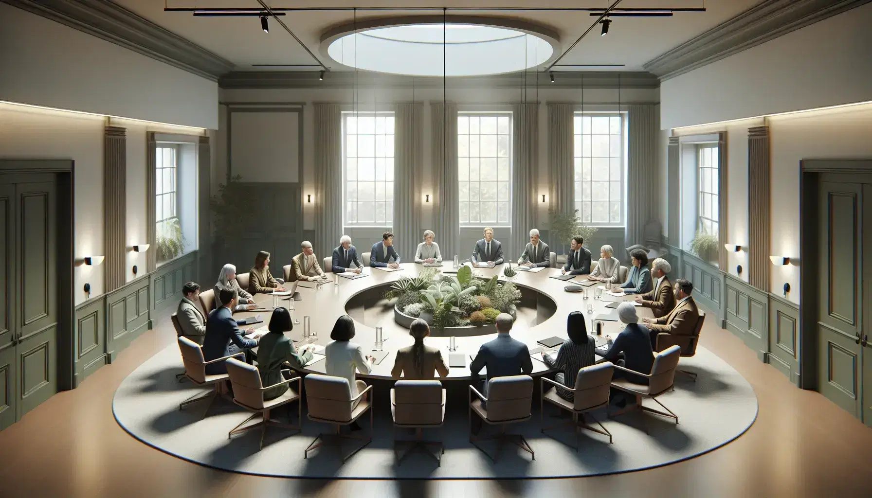 Diverse group of professionals engaged in a formal meeting around an oval table with a central plant display in a well-lit, neutral-toned room.