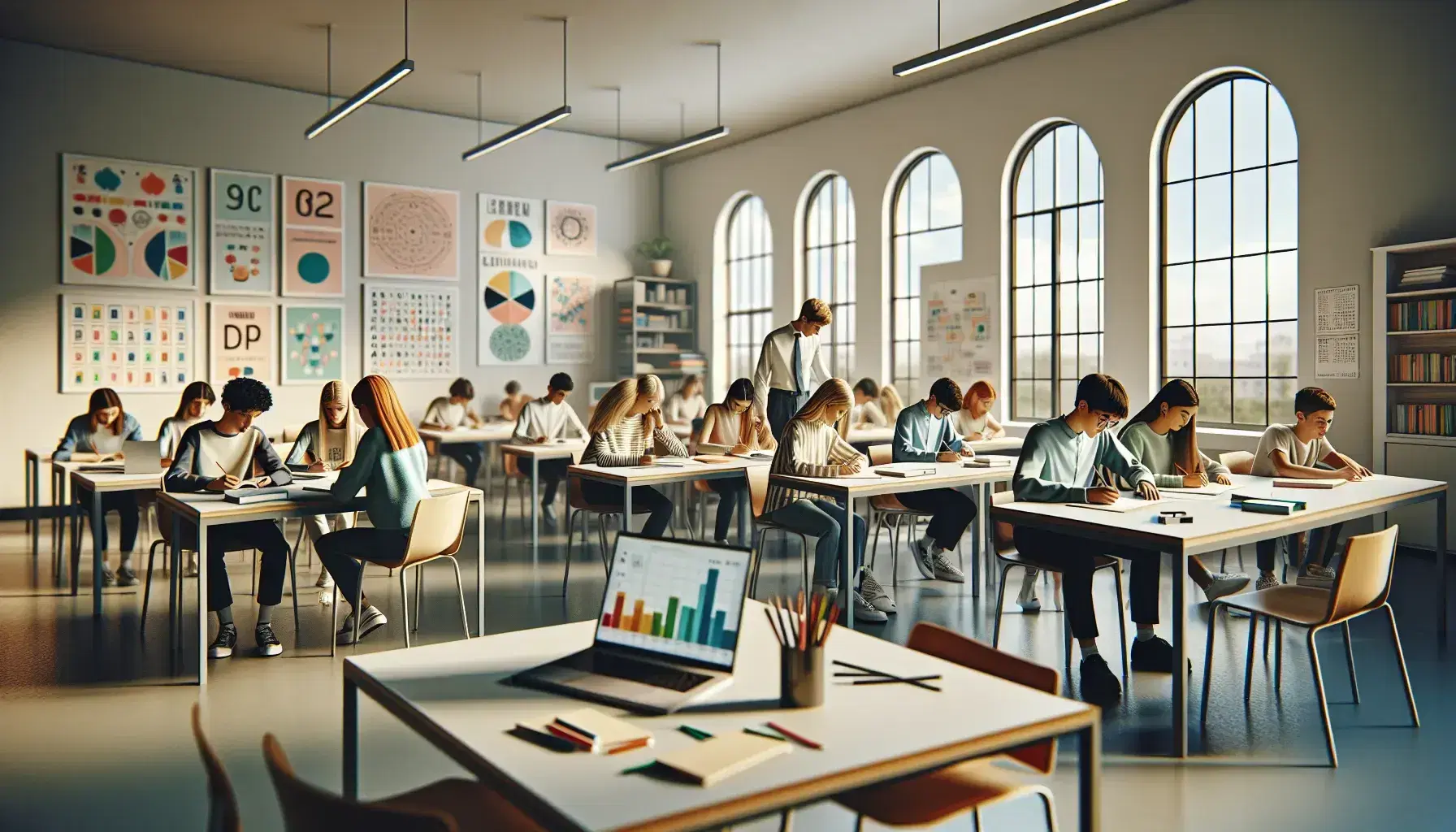 Aula moderna e luminosa con studenti concentrati al lavoro intorno a un tavolo ovale, insegnante che osserva, finestre ampie e decorazioni astratte.