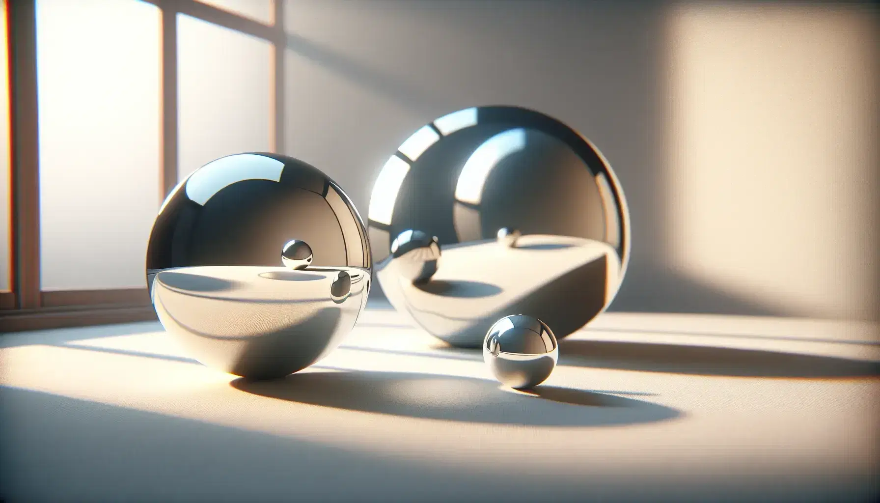 Concave and convex spherical mirrors on a light surface, reflecting an inverted image and a wide view of their surroundings, demonstrating optical properties.