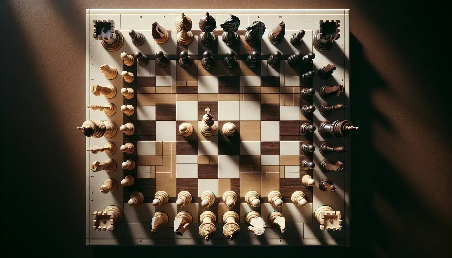 Close-up top-down view of a chessboard mid-game with a white queen, black knight, white bishop, pawns, and part of a rook.