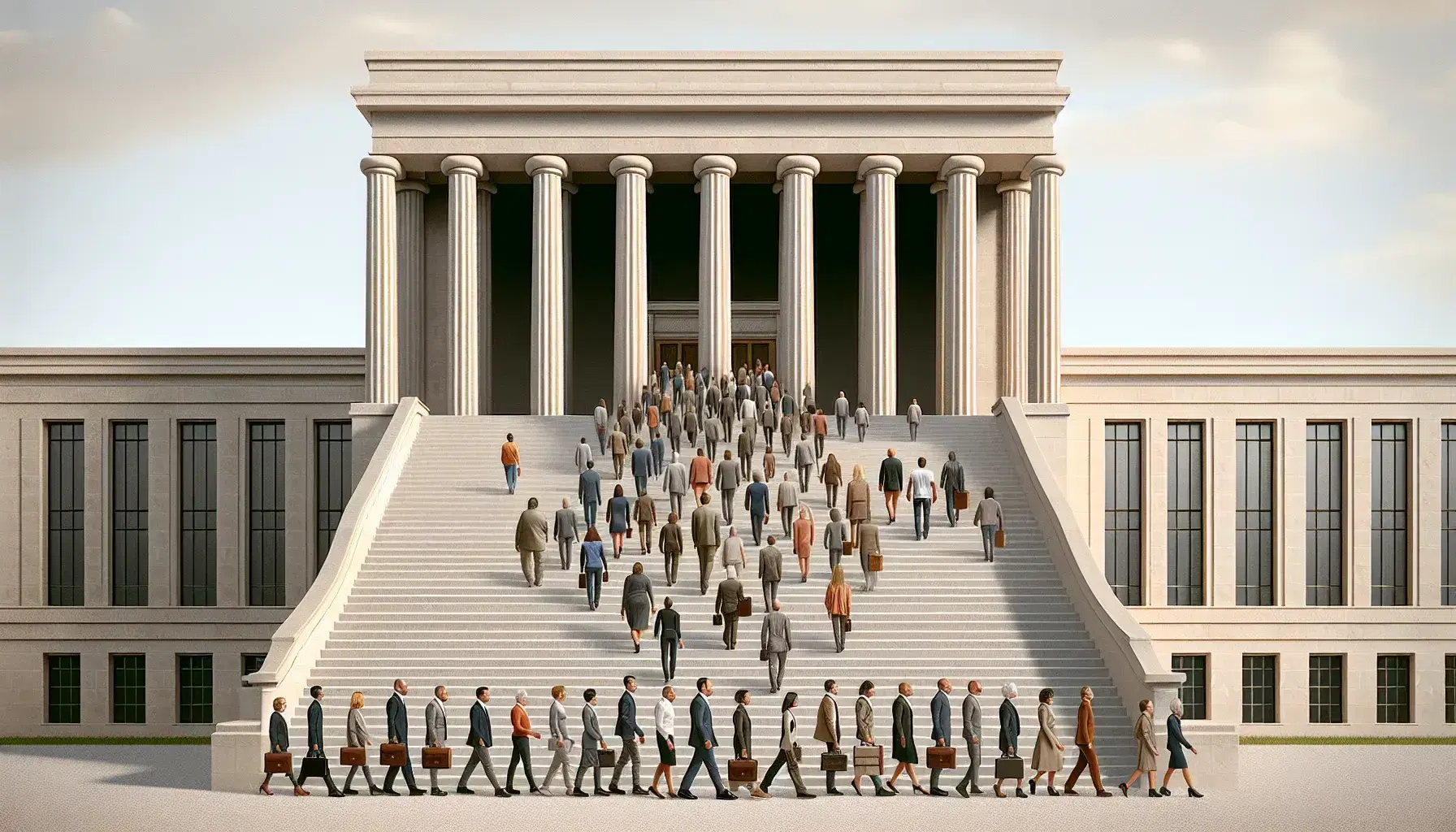 People of different ages and ethnicities queuing up light stone steps towards an imposing building with columns, under a clear sky.