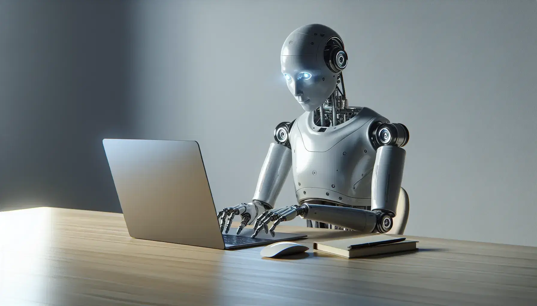 Robot umanoide argenteo seduto alla scrivania, digita su laptop, con sfondo parete bianca e atmosfera tranquilla.