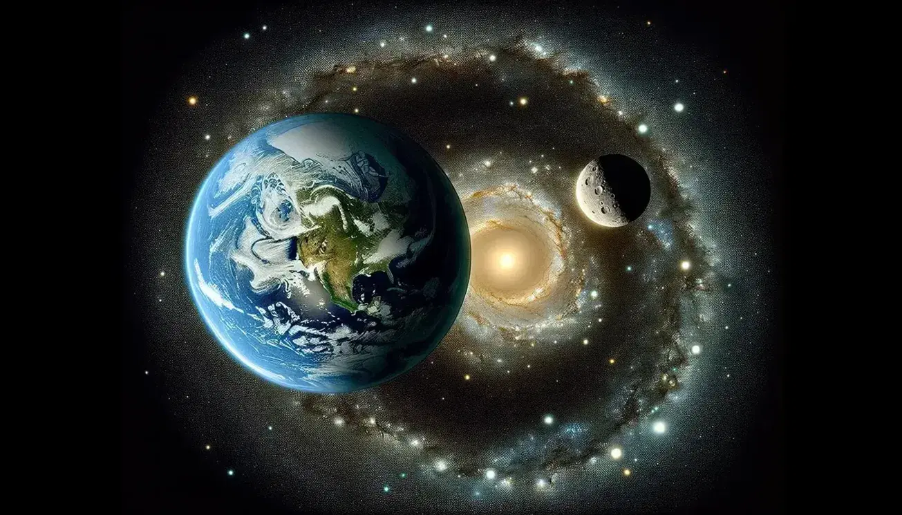 Vista panorámica del espacio con la Tierra y la Luna destacadas, rodeadas de estrellas y una galaxia espiral en el fondo.